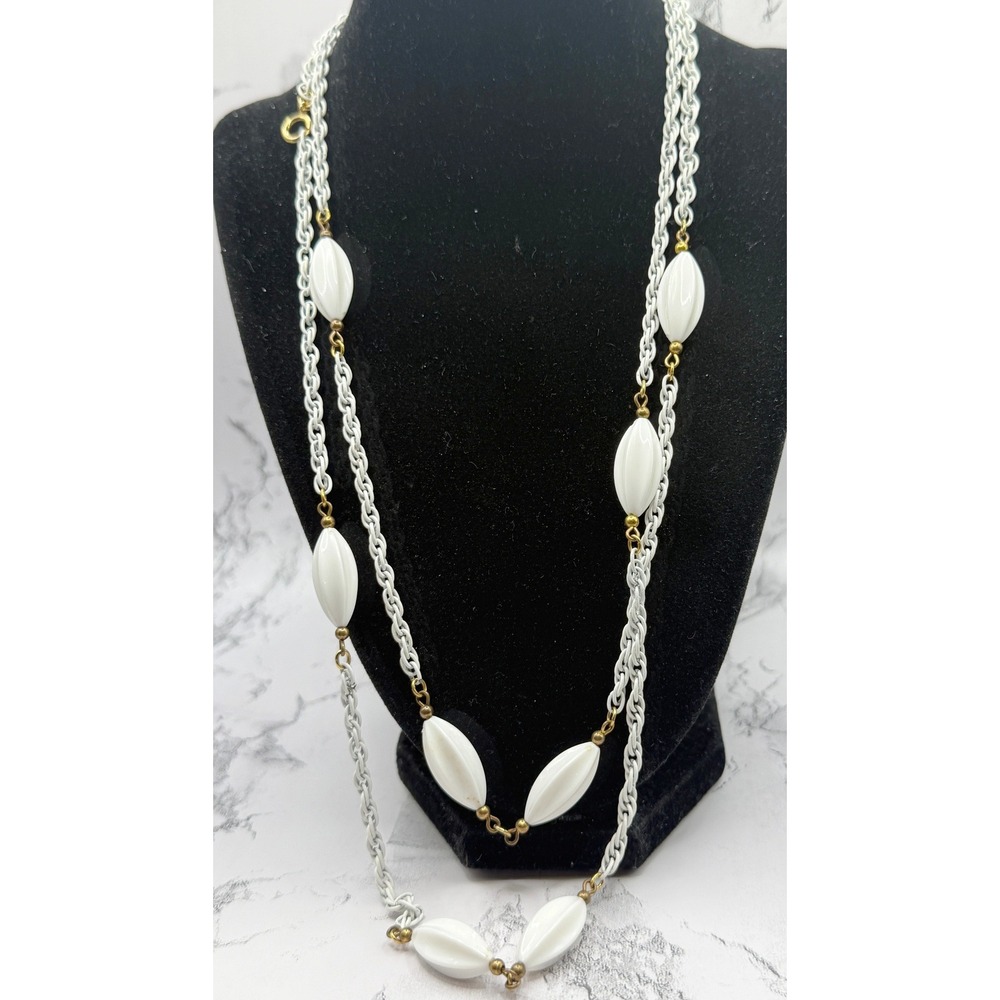 Crown Trifari White Chain Necklace 50" Long Gold Accent Beads Vintage Spring